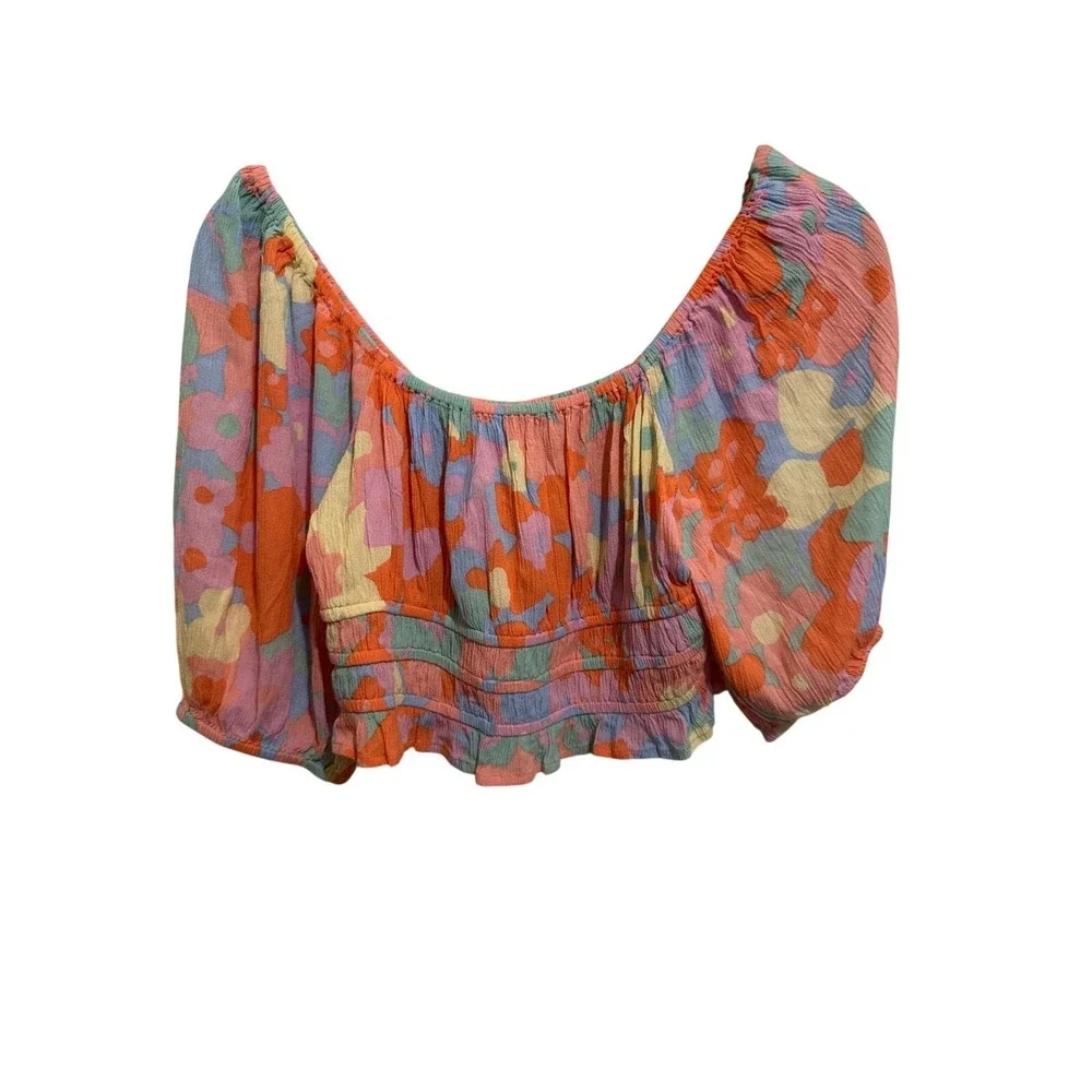 Billabong Keep Dreaming Floral Crinkle Smocked Crop‎ Top Boho Festival Beachy M